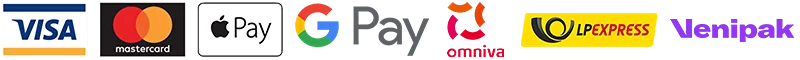 Visa, Mastercard, Apple Pay, Google Pay, Omniva, LP Express, Venipak payment methods and carrier logos